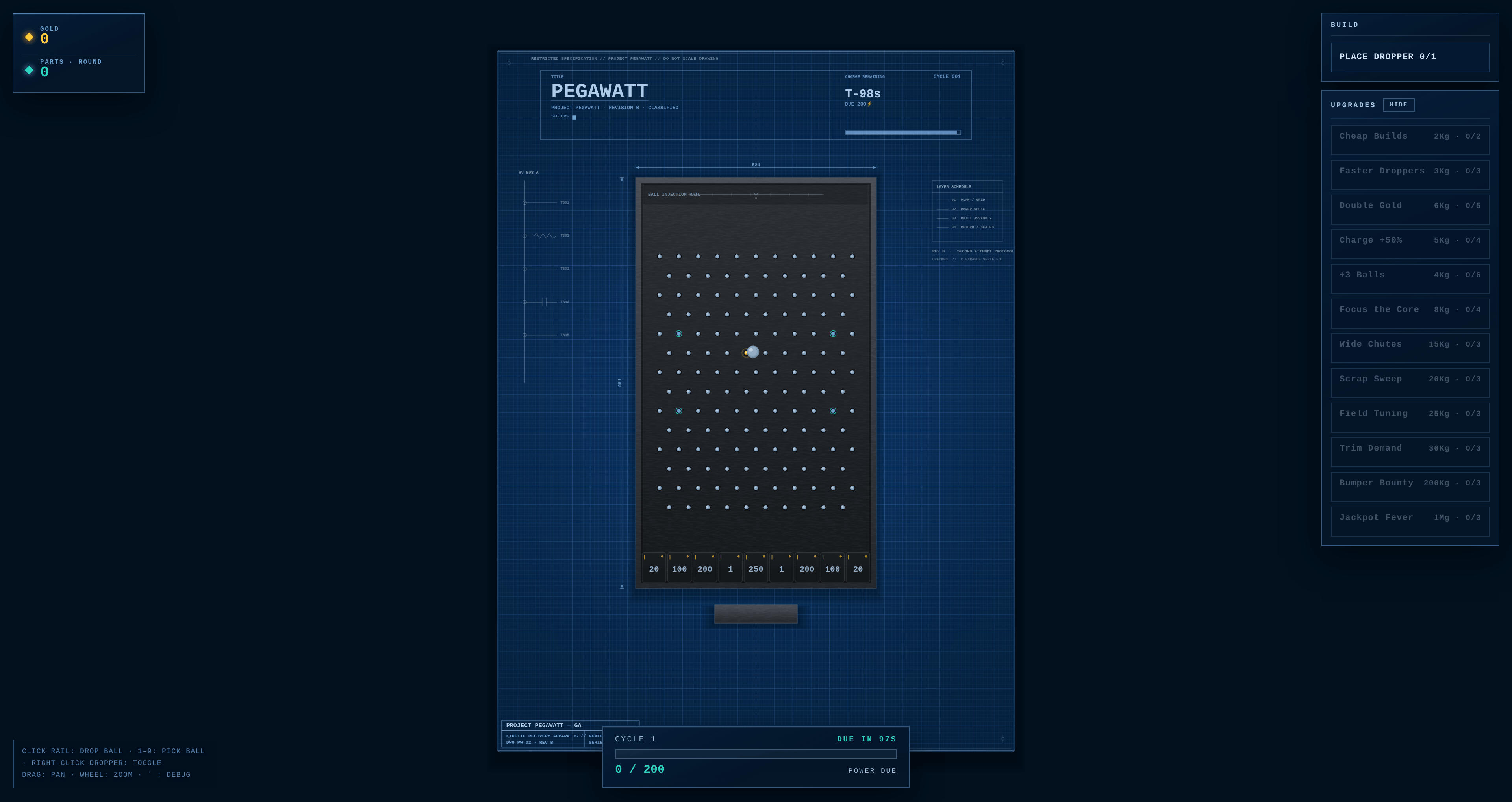 Pegawatt early-game view with the starter peg board and upgrade panel