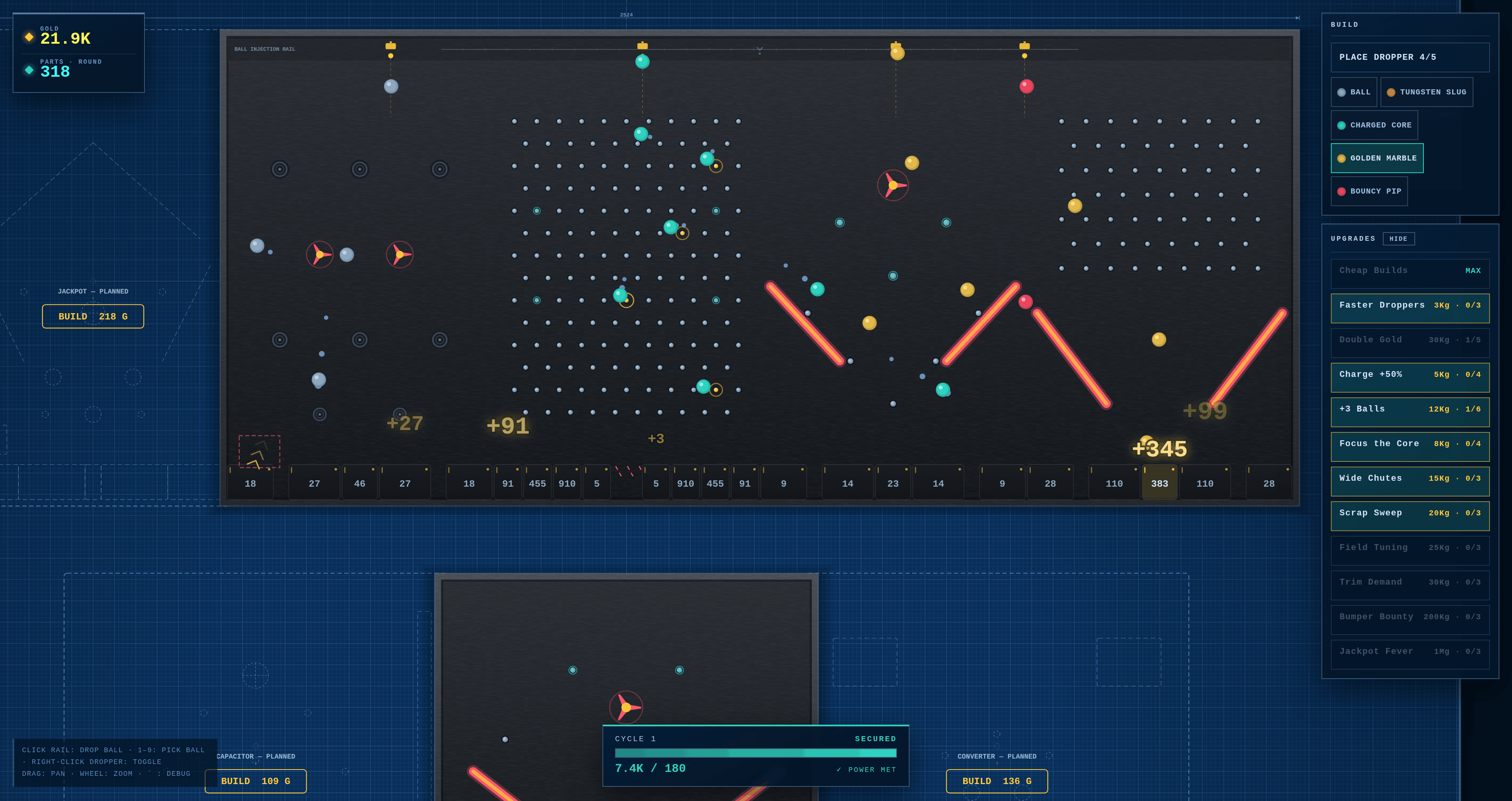 Pegawatt late-game view with multiple active peg boards and ball types